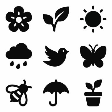 Bahar için dokuz basit siyah simge koleksiyonu. Beyaz arka planda bir çiçek, yaprak, güneş, yağmur bulutu, kuş, kelebek, arı, şemsiye ve saksı bitkisi..
