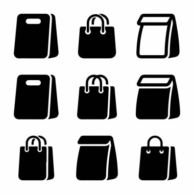 Çeşitli alışveriş, market ve kese kâğıtlarını tasvir eden dokuz tane simge. Koleksiyonda saplı ve sapsız çantalar var, beyaz arka planda izole edilmiş..