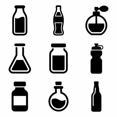 İçecek, kozmetik, tıbbi ve bilimsel cam kaplar dahil olmak üzere çeşitli şişe ve kapları temsil eden dokuz basit siyah kabartma simgesinden oluşan çok yönlü bir set.