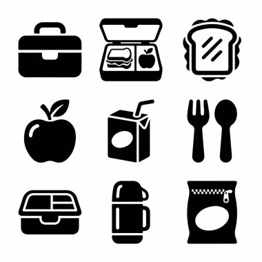Bir beslenme çantası, sandviç, elma, meyve suyu kutusu, kap kacak ve çeşitli kaplar da dahil olmak üzere dokuz basit siyah simge koleksiyonu..