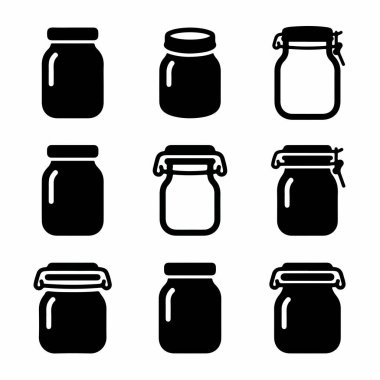 Konserve kavanozları ve basit depolama kapları da dahil olmak üzere farklı cam kavanozları gösteren dokuz adet siyah beyaz simge. Beyaz arkaplanda minimalist vektör çizimi.