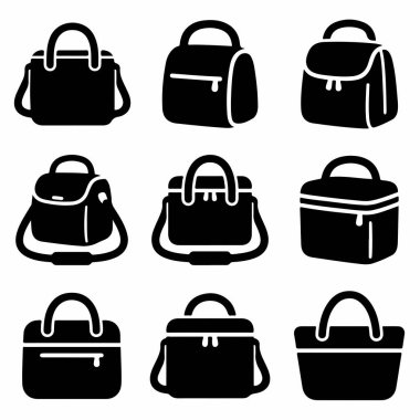 İçinde el çantası, spor çantası, kurye ve çanta tasarımları bulunan çok yönlü dokuz çanta ikonu. Web, mobil uygulamalar ve yazdırma için basit siyah ve beyaz vektör grafikleri.