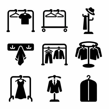 Giysi depolama ve giysi rafları, askılar, vestiyer askısı, duvar kancaları ve takım elbise çantası içeren simgelerin toplanması. Moda ve perakende için vektör sembolleri.