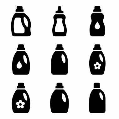 Çamaşır deterjanı ve yumuşatıcı şişelerin çeşitli şekillerini temsil eden dokuz basit siyah siluet simgesi koleksiyonu. Temizlik ve ev işleri için vektör grafik sembolleri.