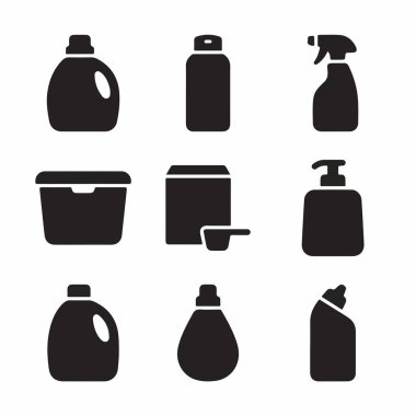 Ev temizliği ve çamaşır ürünleri için dokuz siyah siluet ikonu koleksiyonu. Beyaz arka planda deterjan, sprey şişeleri, toz ve şeker kutuları içerir.