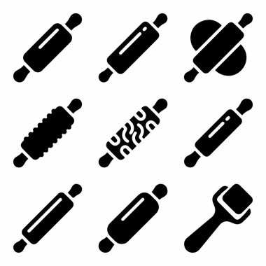 Değişik yuvarlak raptiye türlerine sahip dokuz siyah ve beyaz vektör ikonundan oluşan bir koleksiyon. Bu set klasik silindirleri, desenli iğneleri ve basit bir siluet tarzında diğer pişirme araçlarını içerir..