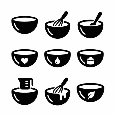 Yemek hazırlığının çeşitli aşamalarını gösteren dokuz basit simge seti. Bir çırpı çırpıcısıyla karıştırmak, malzeme eklemek ve farklı kase sembolleri eklemek de dahil..
