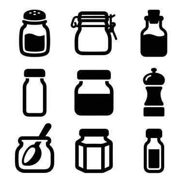 Beyaz bir zemin üzerinde tuzluk, reçel kavanozları, yağ şişeleri ve baharat değirmenleri de dahil olmak üzere çeşitli mutfak kaplarını tasvir eden dokuz basit siyah vektör ikonundan oluşan bir koleksiyon..