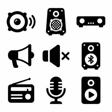 Hoparlörler, mikrofon, radyo ve megafon gibi çeşitli ses cihazlarını temsil eden dokuz adet siyah ve beyaz vektör simgesi. Sessizlik, oyun ve bluetooth sembolleri içerir.