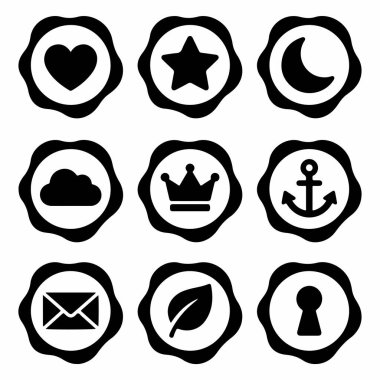 Bir kalp, yıldız, ay, bulut, taç, çapa, zarf, yaprak ve anahtar deliği de dahil olmak üzere dokuz basit, cesur ikondan oluşan bir koleksiyon. Her sembol beyaz bir arkaplanda izole edilmiştir..