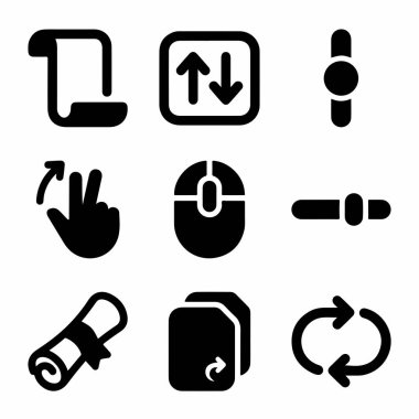 Kaydırma, fare, jestler, tazeleme ve kaydırma gibi kullanıcı arayüzü elementlerini temsil eden dokuz adet simge. Web ve uygulama tasarımı için beyaz bir arkaplanda izole edilmiş.