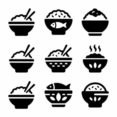 Pirinç kaselerini gösteren dokuz basit vektör simgesinden oluşan bir derleme. Set, yemek çubukları, bir balık sembolü ve buhar çeşitlerini içeriyor, hepsi de beyaz arka planda izole edilmiş..