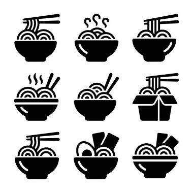 Çeşitli erişte yemeklerini temsil eden dokuz basit siyah kabartma sembolü koleksiyonu. Çubuklu kaseler, dumanı tüten çorba ve beyaz arka planda izole edilmiş bir paket servis kutusu içeriyor..