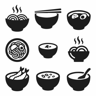 Beyaz bir zemin üzerinde izole edilmiş, kaselerde servis edilen ramen, erişte çorbası ve tempura gibi çeşitli Asya yemeklerini tasvir eden dokuz basit siyah beyaz vektör ikonundan oluşan bir koleksiyon..