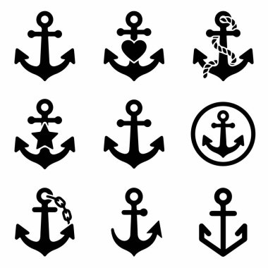 Beyaz zemin üzerinde dokuz farklı siyah çapa simgesi, kalp, yıldız, halat ve zincir içeren çapalar.