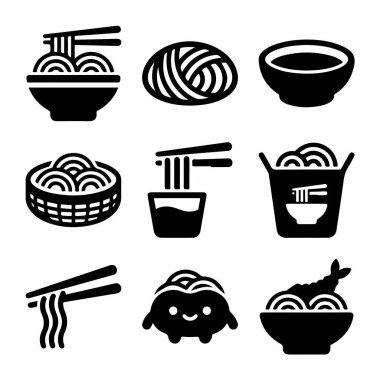 A collection of nine simple black icons representing various noodle dishes and elements like ramen bowls, chopsticks, takeout boxes, and tempura shrimp. Isolated vector graphic set.