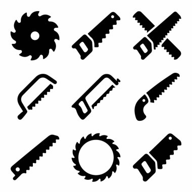 Basit siyah siluet tarzında dokuz farklı testere araç simgesinden oluşan bir koleksiyon. Çeşitli projeler için dairesel testere, el testereleri ve demir testereleri içerir.