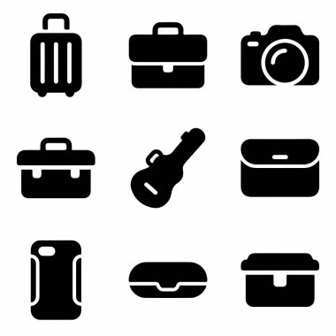 Beyaz arka planda çanta, kamera gitar çantası ve telefon kılıfı gibi çeşitli vaka ve konteynırları temsil eden dokuz adet koyu siyah simge koleksiyonu..