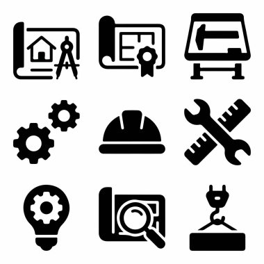 Planlar, aletler, vitesler, sabit şapka ve vinç gibi endüstriyel kavramları temsil eden siyah katı simgelerin toplanması. Mühendislik ve inşaat temaları için mükemmel.