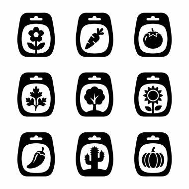 Çiçekler, sebzeler, ağaçlar ve kaktüsler gibi farklı bitkiler için tohum paketlerini temsil eden dokuz basit simge seti. Bahçıvanlık kavramları için izole vektör çizimi.