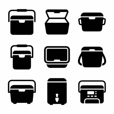 Çeşitli portatif soğutucu ve buz sandıkları tasvir eden dokuz adet siyah siluet simgesi. Set, kamp, piknik ve seyahat için farklı tasarımlar içeriyor..