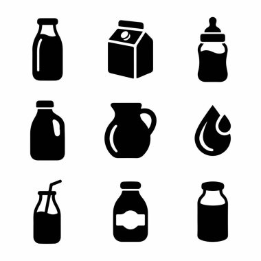 Şişeler, kutular, sürahiler ve bir bebek şişesi gibi çeşitli süt kaplarını temsil eden dokuz basit simge seti. Süt damlası ve sürahi simgesi içerir.