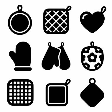 Mutfak kabı tutucuları ve fırın eldivenlerini temsil eden dokuz adet siyah kabartma simgesi. Koleksiyonda yuvarlak, kare, kalp ve eldiven tasarımları gibi farklı şekiller yer alıyor..