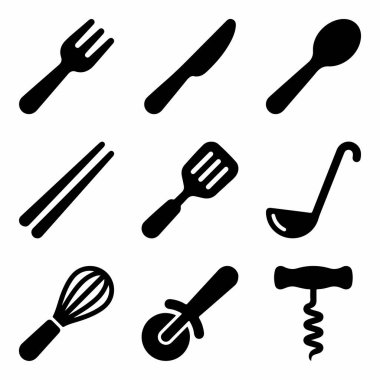 Çatal bıçaklı yemek çubukları spatula kepçesi, pizza çırpıcı ve beyaz arka planda izole edilmiş tirbuşon içeren dokuz siyah mutfak aleti ikonu koleksiyonu.