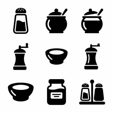 Tuz ve biberlik, baharat değirmenleri, şeker kaseleri ve baharat kavanozları gibi çeşitli mutfak malzemelerini temsil eden dokuz basit siyah beyaz ikondan oluşan bir koleksiyon..