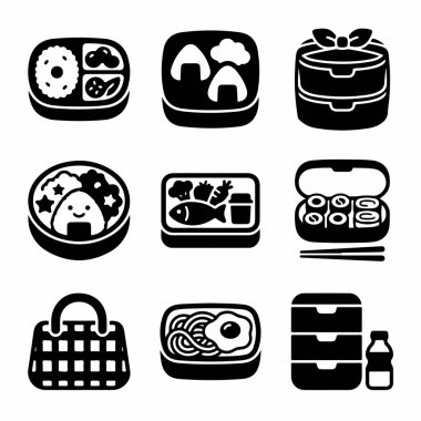 Çeşitli Japon bento beslenme çantalarını temsil eden dokuz siyah katı ikondan oluşan bir koleksiyon. Onigiri, balık, erişte, çok katmanlı kutular, bir bento poşeti ve yemek çubukları içerir..