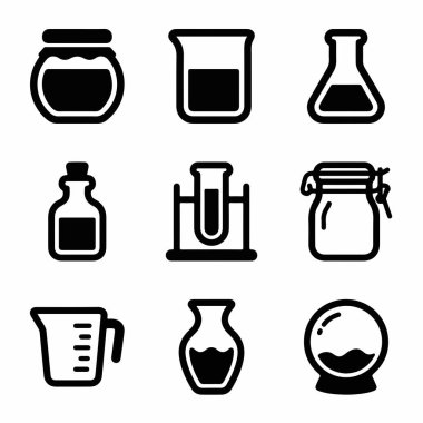 Bilim ve mutfak konteynırlarını temsil eden dokuz basit, katı siyah simge koleksiyonu, deney tüpleri, şişeler, kavanozlar ve bir test tüpü. Beyaz bir arkaplanda izole edilmiş.