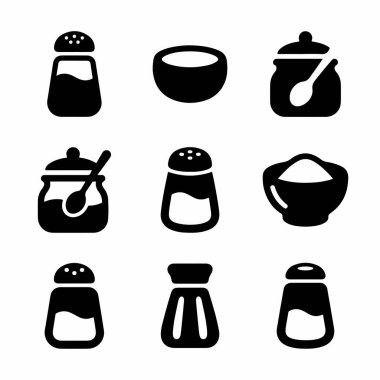 Beyaz bir arka planda izole edilmiş dokuz basit siyah siluet simgesi, çeşitli tuzluk, biberlik ve şeker kaselerini temsil ediyor..
