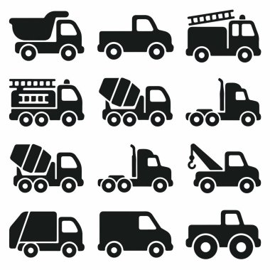 Çeşitli iş araçlarını tasvir eden 12 basit siyah simge seti. Bir damperli kamyon, itfaiye aracı, çimento karıştırıcı, kamyonet, çekici, çöp kamyonu ve minibüs dahil..