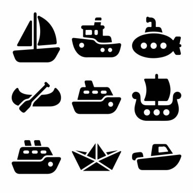 Farklı su taşımacılığını temsil eden dokuz basit siyah kabartma simgesinden oluşan bir koleksiyon. İçinde bir yelkenli, denizaltı, kano, Viking gemisi, kağıt tekne ve çeşitli motorlu tekneler var..