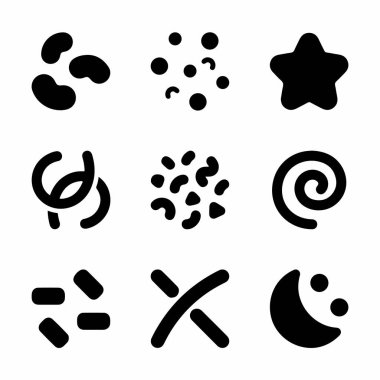 Bir yıldız, spiral, ay ve çeşitli desenler gibi soyut şekillere sahip dokuz basit siyah beyaz ikondan oluşan bir set. Yaratıcı projeler için minimalist vektör tasarımı ögeleri.