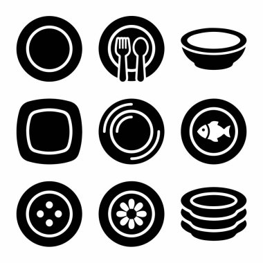 Çeşitli tabak, kase ve çatal bıçak çeşitlerini gösteren dokuz adet simge. Beyaz arka planda izole edilmiş balık, çiçek ve bir yığın yemek içerir..