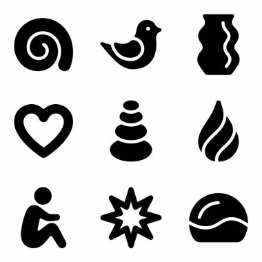 Bir kuş, kalp, vazo ve diğer evrensel sembollerin yer aldığı dokuz adet minimalist siyah simge. Kullanıcı arayüzü tasarımı, web siteleri ve bilgi grafikleri için mükemmel.