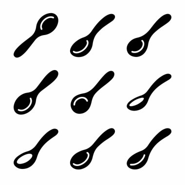 Bir ızgarada dizilmiş dokuz tane minimalist kaşık simgesi. Çatal bıçak takımının basit siyah vektör siluetleri grafik tasarımı için beyaz arkaplan üzerinde izole.