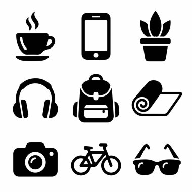 Modern yaşam tarzı hobilerini ve seyahat malzemelerini temsil eden dokuz basit simge seti. Kahve, akıllı telefon, bitki, kulaklık, sırt çantası, yoga minderi, kamera, bisiklet ve güneş gözlüğü içerir.