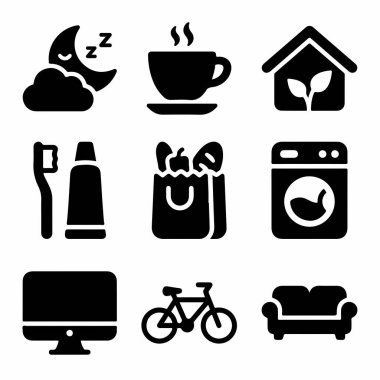 Uyku, kahve, ev, diş bakımı, bakımı, bakkaliye, çamaşır, iş, ulaşım ve rahatlama gibi günlük yaşamı temsil eden simgelerden oluşan basit bir koleksiyon..