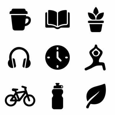 Beyaz bir zemin üzerinde sağIık etkinliklerini ve kahve, kitap, yoga, bisiklet, müzik ve doğa unsurlarını temsil eden dokuz basit siyah simge koleksiyonu.