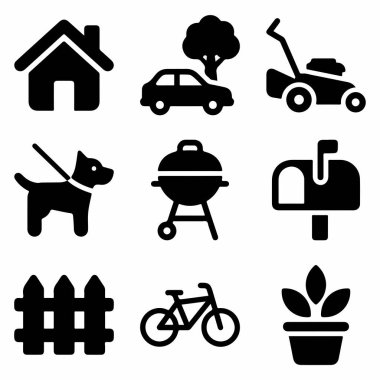 Bir ev, araba, çim biçme makinesi, köpek, ızgara, posta kutusu, çit, bisiklet ve saksı bitkisi gibi banliyö ve yerel temalar için basit simgeler koleksiyonu.
