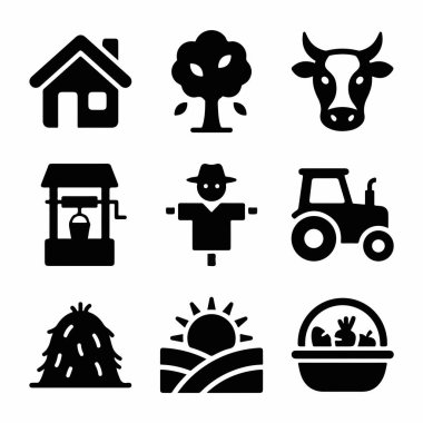 Çiftçiliği ve kırsal yaşamı temsil eden dokuz siyah siluet ikonu koleksiyonu. Bir çiftlik evi, ağaç, inek, şey, korkuluk, traktör, saman yığını, gün doğumu ve sebze sepeti içerir..