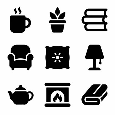 Bir şömine, koltuk, kitaplar, çay ve battaniye de dahil olmak üzere ev konforu için dokuz basit siyah ikondan oluşan bir koleksiyon. Hygge ve rahatlama kavramları için mükemmel..