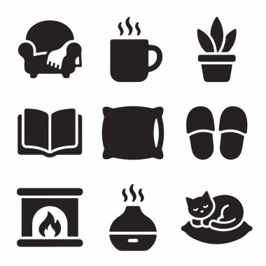 Ev konforu ve rahatlama için katı kabartma simgelerinden oluşan vektör seti. Bir koltuk, dumanı tüten kupa, bitki, kitap, yastık, terlik, şömine, yayıcı ve uyuyan kedi..