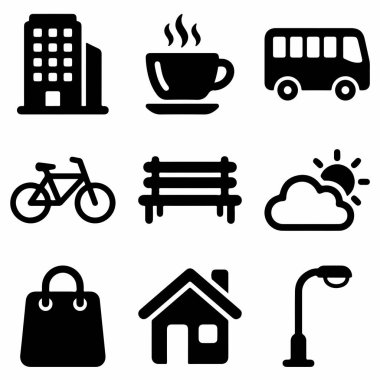 Bir bina, kahve, otobüs, bisiklet, bank, hava durumu, alışveriş çantası, ev ve sokak lambası gibi kentsel yaşamı resmeden dokuz simge koleksiyonu.