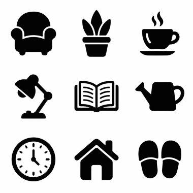 Beyaz arka planda bir sandalye, bitki, kahve, lamba, kitap, saat, ev ve terlikler de dahil olmak üzere ev hayatını ve rahatlamayı temsil eden dokuz basit siyah siluet simgesi koleksiyonu.