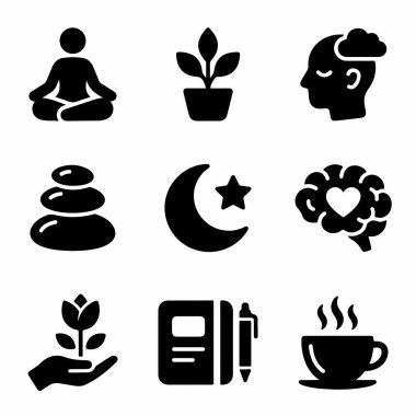 Sağlıklı bir yaşam tarzı için meditasyon, günlük tutma, doğa, denge ve rahatlama gibi zihinsel sağlık ve öz bakım kavramlarını temsil eden siyah simgelerin toplanması.