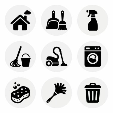 Beyaz daireler içinde dokuz basit siyah temizlik ikonu koleksiyonu. Sette bir ev, süpürge ve faraş, sprey şişesi, paspas ve kova, elektrikli süpürge, çamaşır makinesi, sünger, toz ve çöp tenekesi yer alıyor..