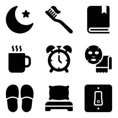 Uyku, hijyen, okuma ve uyanma gibi günlük rutinleri temsil eden dokuz siyah siluet ikonu koleksiyonu. Web ve mobil tasarım için basit vektör simgeleri.